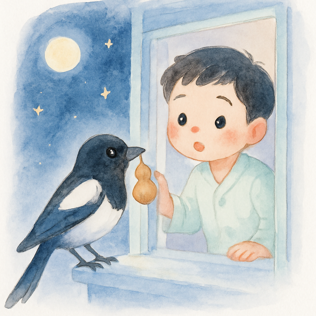 밤에 까치가 창문을 두드리며 박씨를 가져온 장면